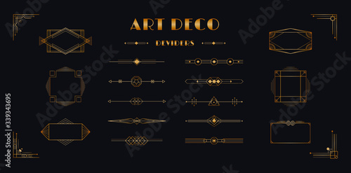 Art deco page divider header set. Vintage gold artdeco frames 1920s decorative ornaments, vector minimal elegant corners and borders geometric template design for wedding invitation card