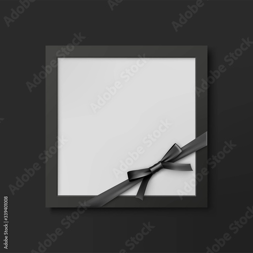 Mourning photo frame mockup with black ribbon bow. Funeral ceremony and condolence card layout. Black memorial square frame with empty place for portrait or text isolated vector illustration.