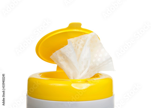 Close up on top of a pop up disinfecting wipes container, isolated on white.