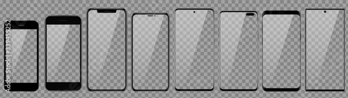 Smartphone mockup Collection. Mobile phone template with display reflection. Vector graphic