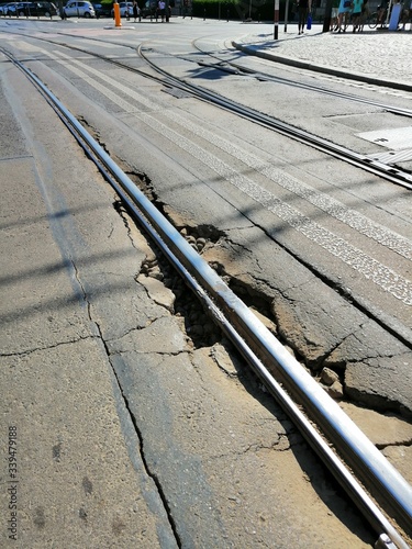 Damaged tram rails in Wroclaw