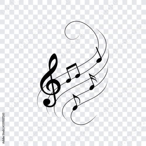 Music notes on wavy lines with swirls, vector illustration.
