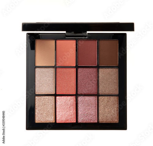 Multi color palette of trendy shades of eye shadow isolated on white background.