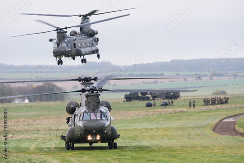 RAF Chinook helicopter on a training mission during Exercise Wessex Storm on Salisbury Plain Training Area, Wiltshire, UK