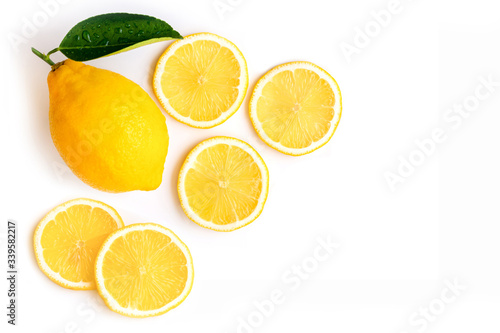 lemon lime fruit with slice isolated on white background. Top view. Flat lay.