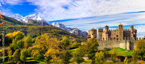 Medieval castles of Italy - beautiful Castello di Fenis in Valle d'Aosta surrounded by Alps mountains