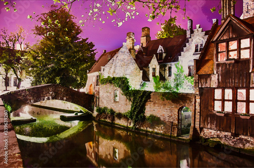 Water color painting effect of photo of Bonifacius Bridge and medieaval houses in old historical town in Bruges, Belgium. Postcard and travel concept.
