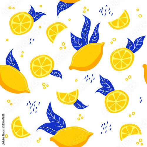 Seamless pattern with summer yellow lemons and blue leaves and dots. Vector illustration