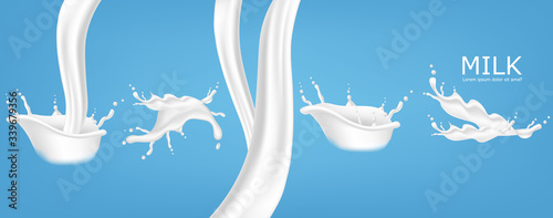 Splash milk realistic set, organic milk, fresh product, isolated blue background vector illustration