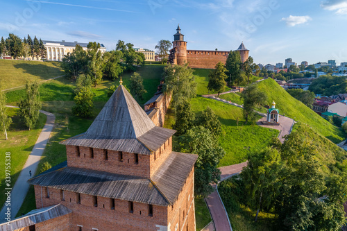 Nizhny Novgorod Kremlin, individual towers close-up. Summer shooting