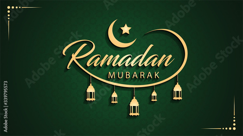 Ramadan Mubarak English calligraphy text on green background with lanterns, moon, star & 3d look