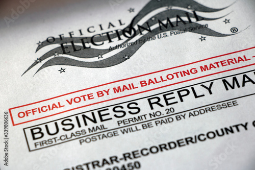 Closeup of a mail ballot envelope