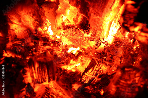 Fireplace fire in closeup macro