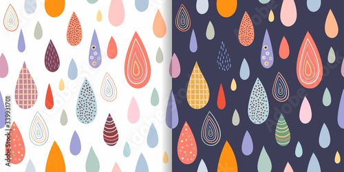 Childish seamless patterns set with colorful rain drops 