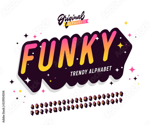 'Funky' Vintage 3D Sans Serif Rounded Colourful Alphabet with Long Shadow Effect and Festive Mood. Retro Typography Font. Vector Illustration.