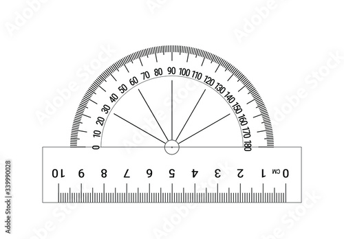 The measuring instrument is a protractor on a white background. Vector illustration.