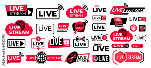 Mega set of live streaming vector icons. Red and black symbols and buttons of live streaming, broadcasting, online stream. Design for tv shows movies and live performances isolated on white background