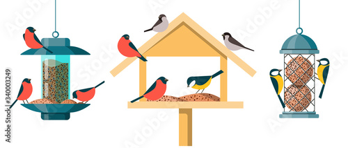 Different types of bird feeders - Hopper Or House Feeder, Nyjer Feeder and Suet Feeder. Illustrations in a flat cartoon style isolated on white background.