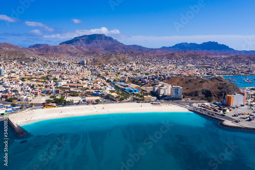 Aerial view of Laginha beach in Mindelo city in Sao Vicente Island in Cape Verde