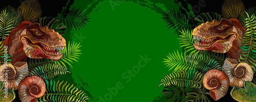 Tyrannosaurus rex head, ammonite fossil and palm leaves. Archeology and paleontology banner. Template for design. Prehistoric life of dinosaurs