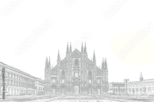 The gothic facade of Duomo Cathedral in Duomo square, Milan, Italy - Drawing effect with white copy space on top