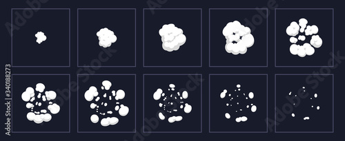 Smoke explosion animation. Cartoon explosion animated shot, explode clouds frames. Exploding effect storyboard isolated vector illustration set. Movement puff effect, flash motion boom