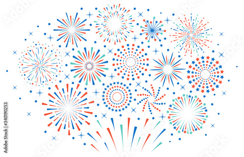Happy 4th July fireworks. Celebration firework explode, carnival party firecracker explosions. Colorful festival fireworks vector illustration. Sparkle firecracker, graphic explosive sparkling