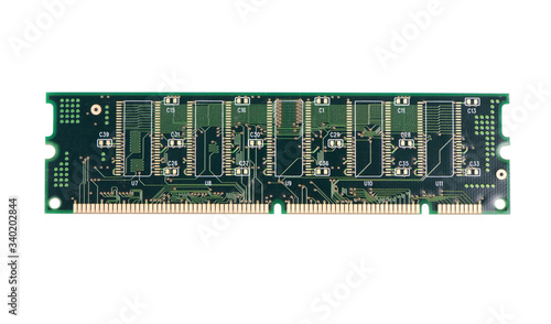 Green stick of RAM memory for computer with electronics components