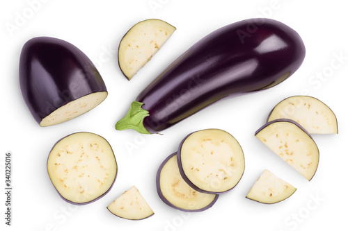 Eggplant or aubergine with slices isolated on white background. Clipping path and full depth of field. top, view, flat lay