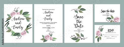 Set of wedding floral invitation, menu, Save the Date, RSVP card template. Green leaves and pink roses