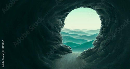 Painting of surreal cave gate to mountain landscape