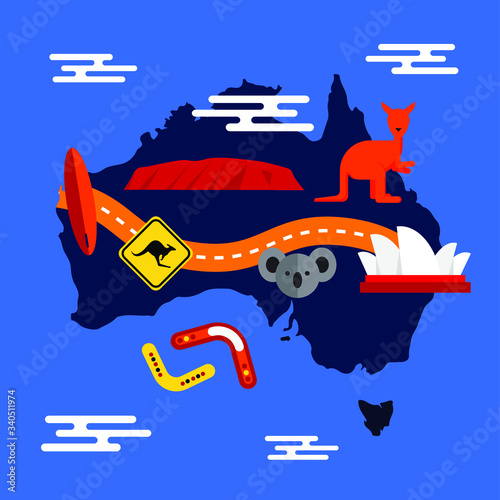 Mapa Australii z rozpoznawalnymi symbolami Australii. Cartoon Australia continent map with famous symbols of Australia. Vector illustration. 