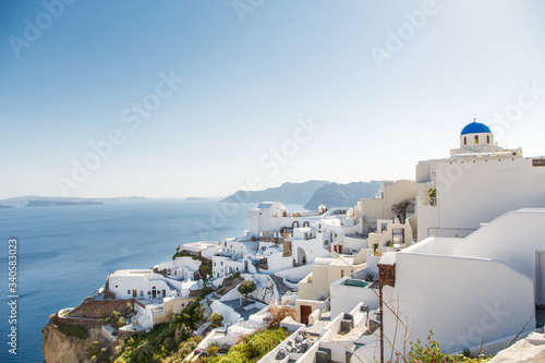 Beautiful view of famous romantic white town in Santorini Island, Greece