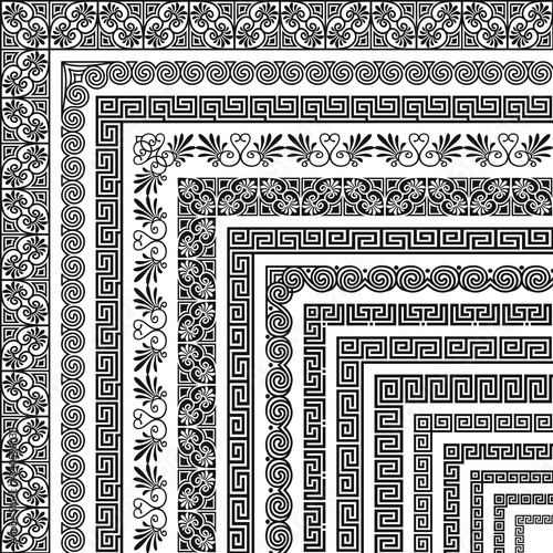 Vector set of corner brushes with traditional ethnic greek meander pattern