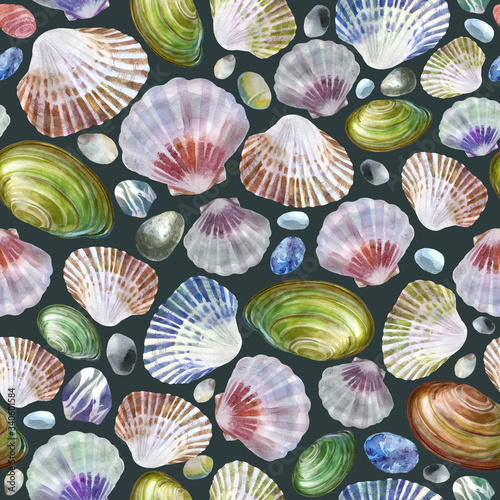 Watercolor illustration. Pattern of sea shells and sea stones on a gray background. Summer theme, beach and relaxation.