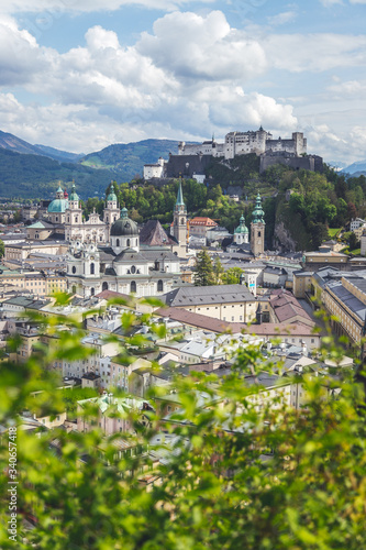 Salzburg summer time: Panoramic city landscape with Salzach and historic district