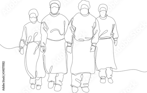 equipe medica vestita con protezione antivirus, disegno fatto con una sola linea continua