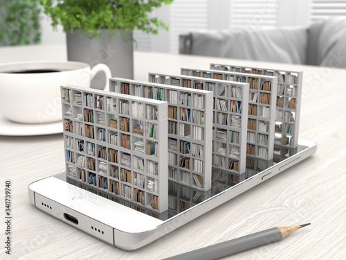 Bookcase with books on a smartphone screen on a desktop. Electronic library in a mobile phone. Distance education and self-study. Books online. Creative conceptual 3D rendering.
