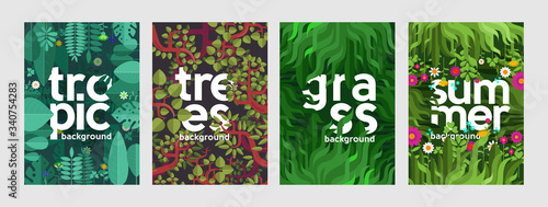 Flat vector illustration. Set of covers. Backgrounds on summer theme. Leaves, grass, trees, flowers.