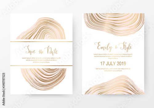 Agate geode gemstone wedding card with gold natural stone texture.