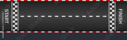 Moto race. Lane, gp, track with start, finish line and borders. Racetrack with kart. Black asphalt road for car on f1. Fast countdown on way. Auto background and wallpapers. Tarmac view. Vector