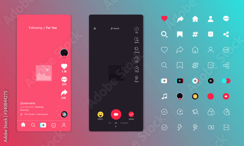 App Screen interface and icons in social media application. Music and video app icons. App mock up template. Vector illustration