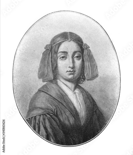 Portrait of George Sand, a French novelist, memoirist, and Socialist in the old book The Literature of XIX century, by E.A. Solovieva, 1895, St. Petersburg