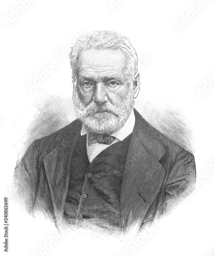 Portrait of Victor Hugo, a French poet, novelist, and dramatist of the Romantic movement in the old book The Literature of XIX century, by E.A. Solovieva, 1895, St. Petersburg