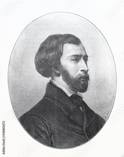 Portrait of Alfred de Musset, a French dramatist, poet, and novelist in the old book The Literature of XIX century, by E.A. Solovieva, 1895, St. Petersburg