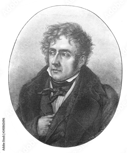 Portrait of François-René de Chateaubriand, a French writer, politician, diplomat and historian in the old book The Literature of XIX century, by E.A. Solovieva, 1895, St. Petersburg