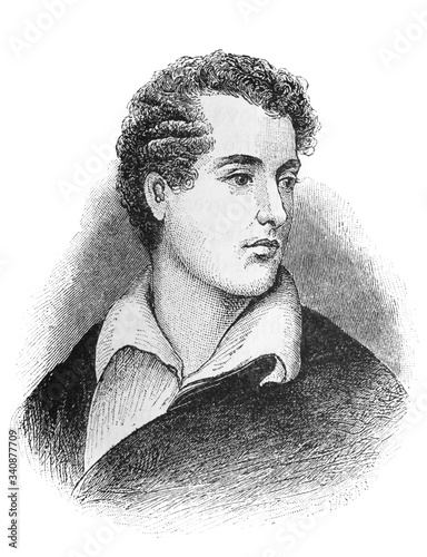 The Lord Byron (George Gordon Byron)'s portrait, an English poet, peer and politician who became a revolutionary in the old book the Great Authors, by W. Dalgleish, 1891, London