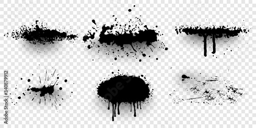 Ink splashes. Black inked splatter dirt stain splattered spray splash. Spray paint vector elements isolated on White Background. Drips black ink splatters, Ink blots set.