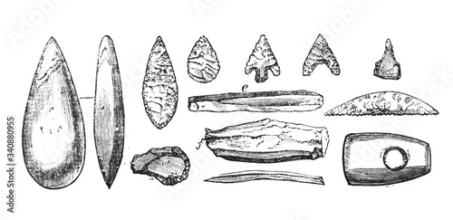 Tools of the Neolithic period in the old book the Antropology, by E. Tailor, 1882, St. Petersburg