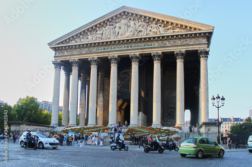 Paris, France - August 26, 2019 : Church La Madeleine, built between 1763 and 1842, one of the famous monument of Paris. The style of the church is neoclassical.